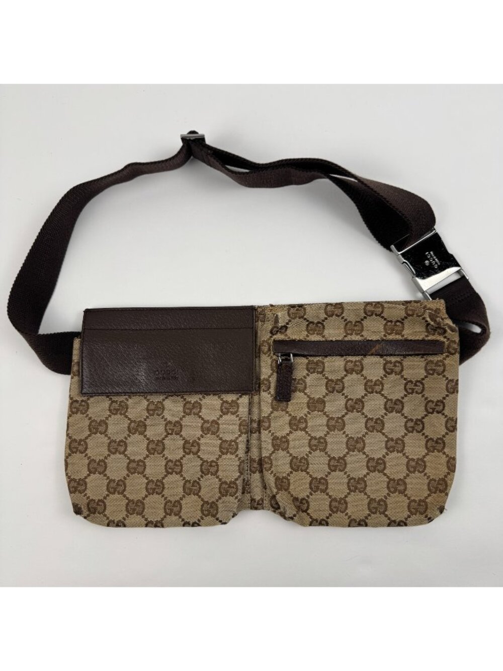 Gucci GG Canvas Used Waist Belt Bag Beige Brown Leather Italy 28566 Monogram